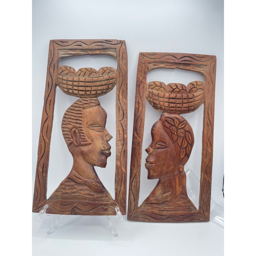 Vintage Hand Carved Wood African Wall Art Plaque Set Man Woman Profile Brown